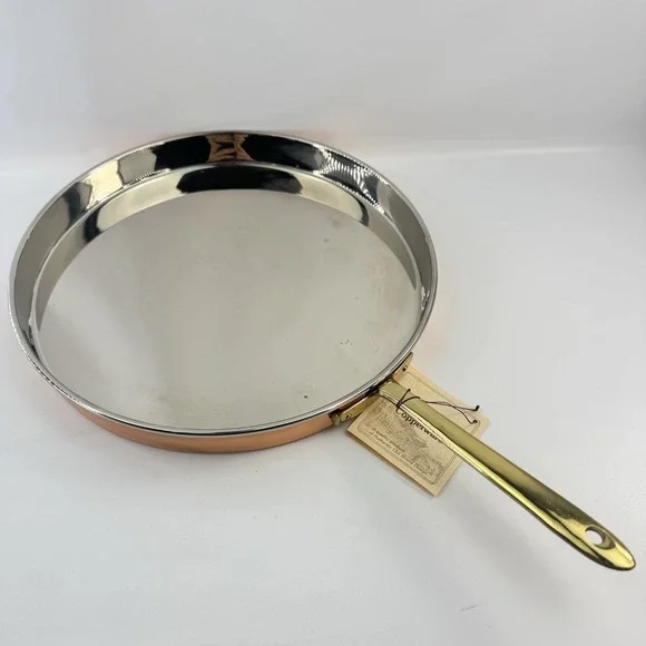 11" Hand Crafted Korea Solid Copper Skillet Nickel Lined Brass Handle Fry Pan - Picture 9 of 10
